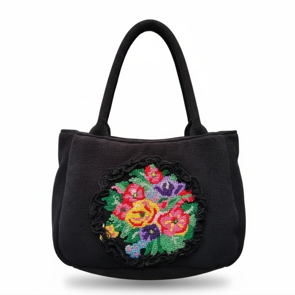 Vintage Black Tote with Multicolor Floral Needlepoint
